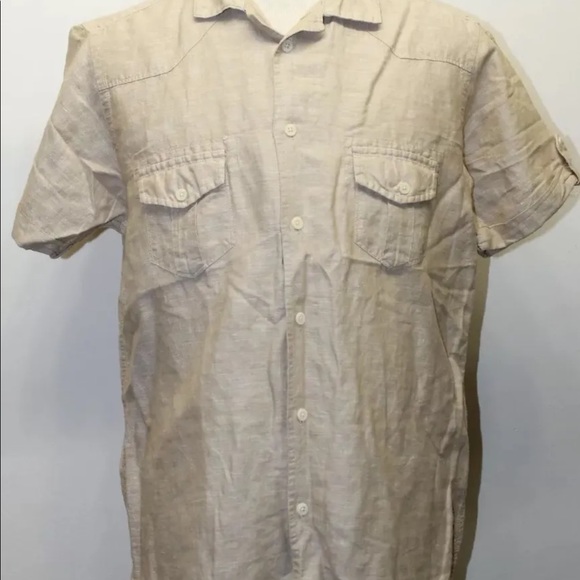 Springfield Men Short Sleeve Shirt Linen Sz Large Beach Brown Natural Summer - Picture 10 of 10